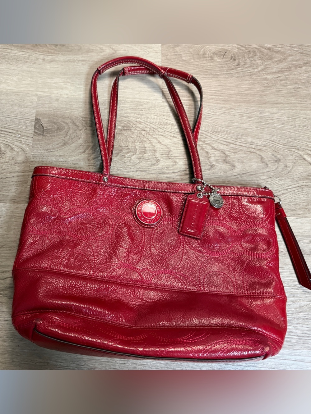 Coach Red Leather Tote with Signature Detail
